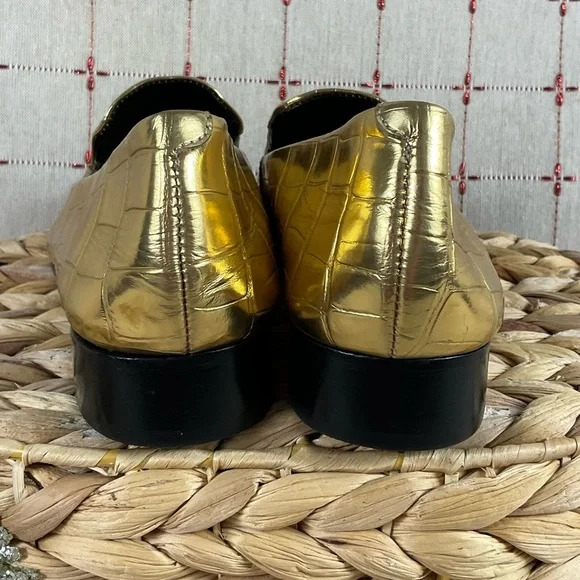 SCHUTZ “Flor” Metallic Gold Leather Crocodile Embossed Loafer Flats Size 6 New - Picture 4 of 8